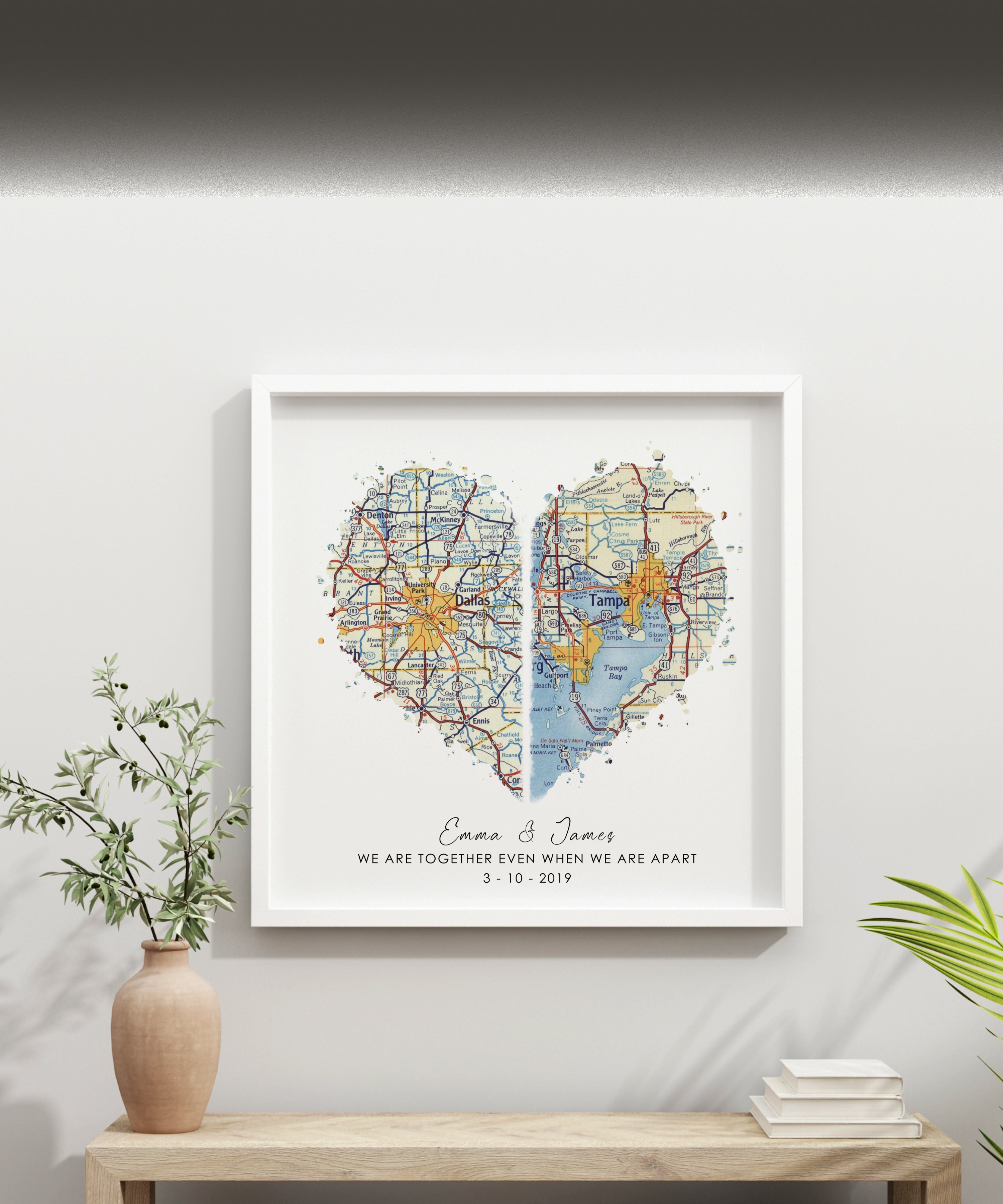 Personalized Heart Shaped Map Print for Long Distance Relationships, Valentine's Day, Anniversary Gift for Him or Her