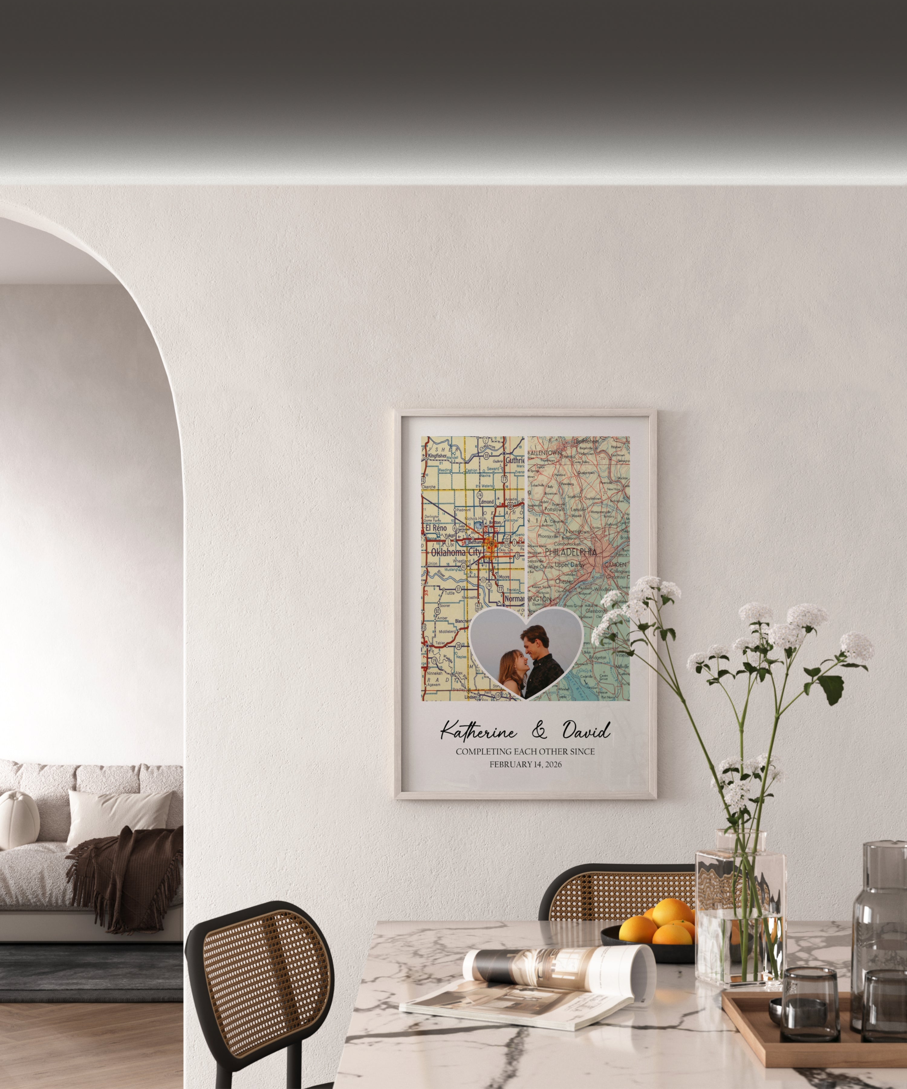 Personalized Long Distance Map Print with Custom Photo for Him or Her