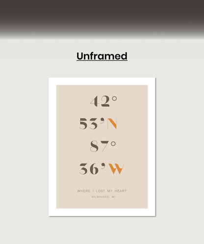 Personalized Coordinates Map Print for Anniversary Gift, Long Distance Relationships, Valentines Day, Romantic Gift for Him or Her